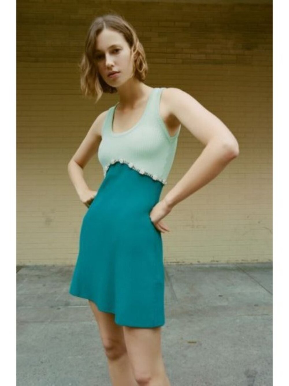 Zara Jewel Appliqué Dress Size Medium Mint Teal Sleeveless Rhinestone Pearl Trim - Picture 2 of 14